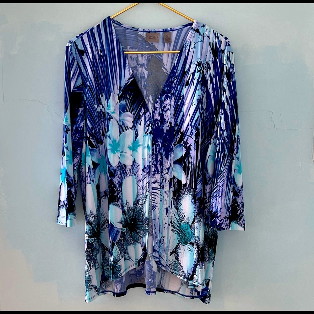 Chico’s Easywear Relaxed Fit Drape Jacket Tropical Print in Blues Size 2 (M) EUC